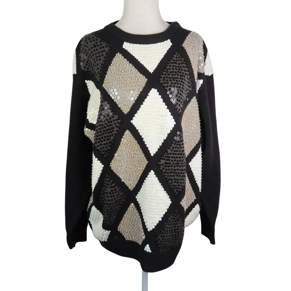 Vintage Alfred Dunner Black Grey White Diamond Sequin Sweater 1X
